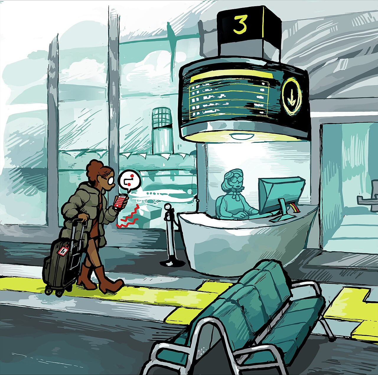 Ilustración de una persona que usa un teléfono mientras lleva una maleta con ruedas por una franja de pavimento táctil dentro de una terminal de aeropuerto.